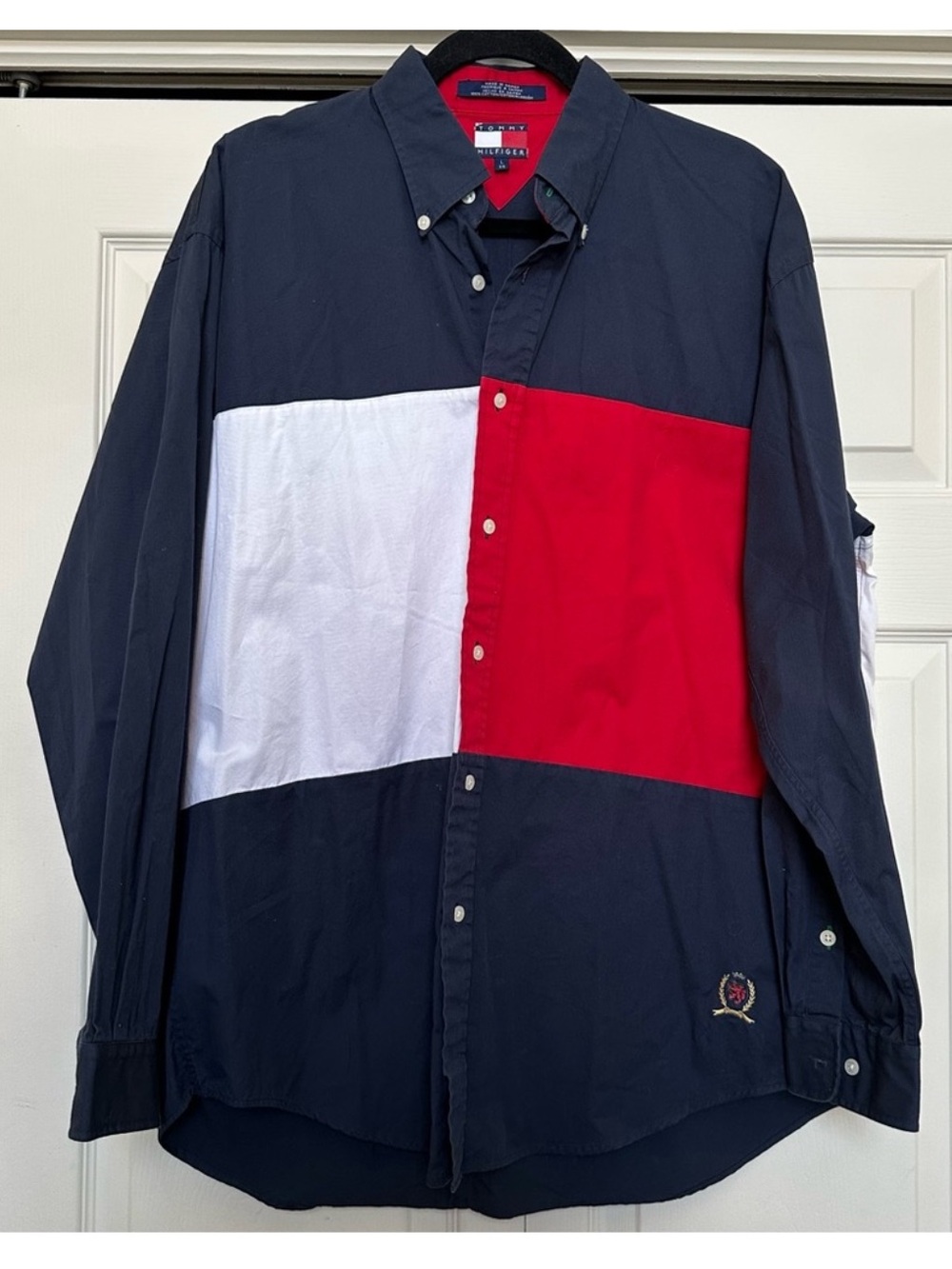 RARE Vintage Tommy Hilfiger Spell Out Flag Lion Crest Color Block Shirt